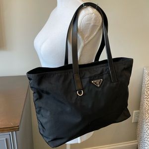 Prada Black Nylon with leather straps zip top tote